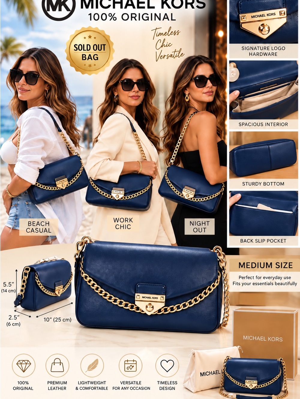 Michael Kors Cece Medium Leather Shoulder Bag navy blue new